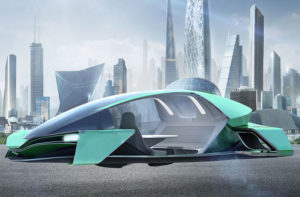 The image shows a futuristic car with a city in the background. The car is sleek and aerodynamic, with a long, low profile.